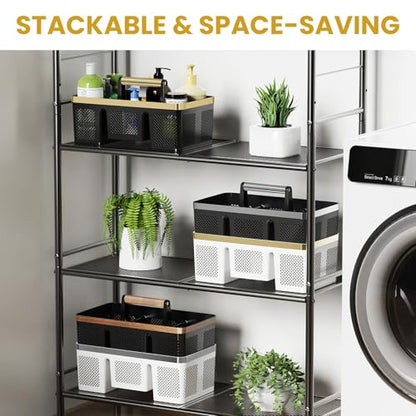BYUNER Portable Cleaning & Shower Caddy with Handle: Rigid Plastic Basket with 4 Divided Compartments, All-Side Drainage for College Dorm, Bathroom & Utility Use, Black/Gold - color: Black/Gold