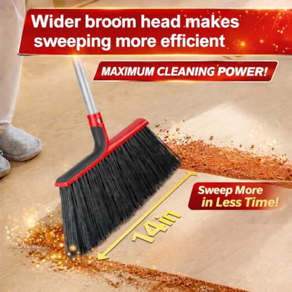 Heavy Duty Angle Broom with 58″ Long Handle, 14″ Wide Stiff Bristles for Indoor & Outdoor Sweeping, Garage, Patio, Deck, Concrete & Debris Removal