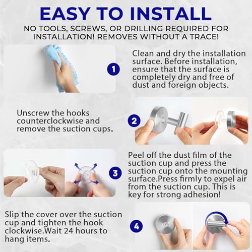 Suction Cup Hooks for Shower Heavy Duty, Shower Hooks No Drill, Shower Hooks for Inside Shower Stainless Steel, Suction Hooks for Window, Glass, Tile, Wall, Loofah, Bath Robe, Wreath, Silver 4 Pack - color: Silver