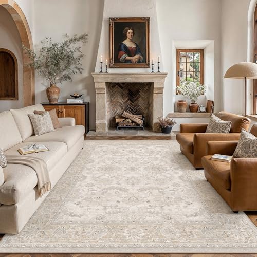 HUGEAR 8x10 Area Rug Beige Vintage Machine Washable Rug Room Decor Distressed Living Room Rugs Low Pile Non Slip Soft Carpet for Bedroom Dining Room Office Soft Lightweight - color: Beige, size: 8' x 10' (Rectangular)