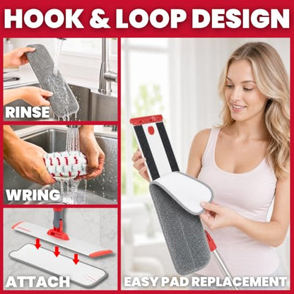 Aluminum Alloy Flat Mop System for Floor Cleaning, 62" Stainless Steel Handle, 4 Reusable Machine Washable Mop Pads for Wet & Dry Mopping on Hardwood, Laminate, Vinyl & Tile Floors