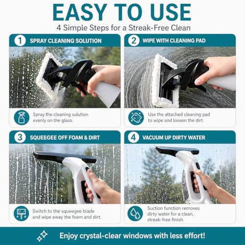 Cordless Window Vacuum Cleaner – Streak-Free Shower Glass & Window Cleaning in Seconds, Powerful Suction Rechargeable Handheld Window Vac, No Drips, Easy for Mirrors, Tiles & Car Windows