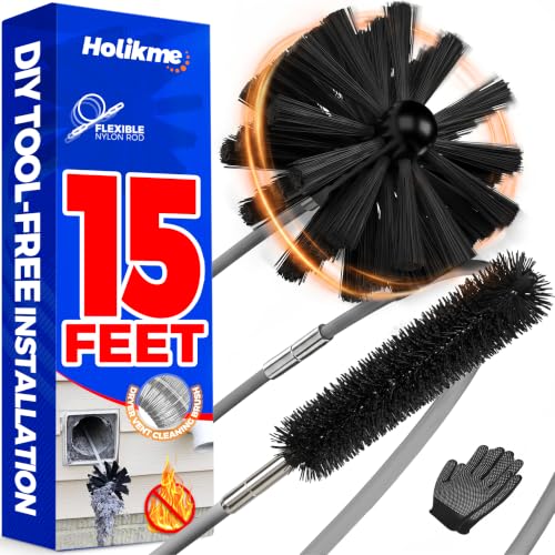 Holikme 15 Feet Dryer Vent Cleaner Kit, Lint Remover, Extends Up to 15 Feet, Synthetic Brush Head, Use with or Without a Power Drill,Gray - color: Gray