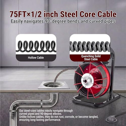 75FT x 1/2 Inch Drain Cleaner Machine, Manual Feed Electric Drain Auger for 2"-6" Pipes, Sewer Snake Auger with 4 Cutters & Pneumatic Foot Switch - style: 75FT x 1/2inch