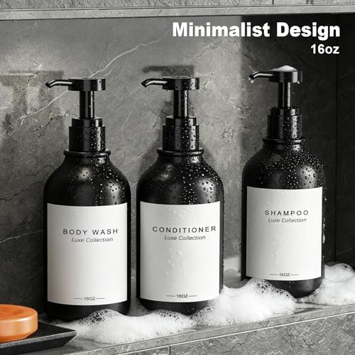Refillable Shampoo and Conditioner Dispenser Set of 3 - Wall Mounted No Drill Pump with Bottles, 3 Chamber for Shower Soap and Body Wash Dispenser with Labels, Matte Black Bottle for Bathroom (16oz)