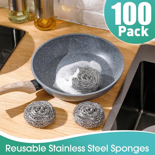Roshtia 100 Pieces Stainless Steel Scouring Pad Bulk Metal Scrubber for Cleaning Dish 30 Gram Stainless Steel Sponge Round Metal Wool Scrubber for Cleaning Kitchen Bathroom Household