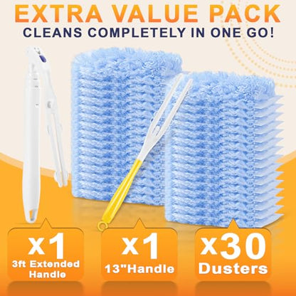 30-Pack Heavy Duty Duster Refills Compatible with Swiffer, 3FT Extendable Handle, 5X Multi-Surface Microfiber Duster for Home, Fans, Blinds, Vents & Car Cleaning