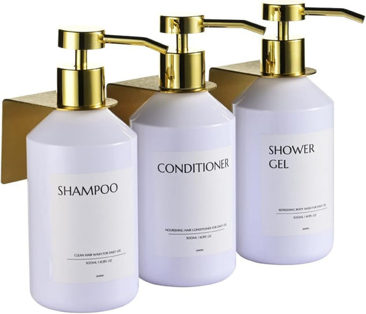 Shampoo and Conditioner Dispenser Set of 3 for Wall Mount,16.9 fl oz Drill Free Shower Soap Bottles with Labels,Refillable Body Wash Dispensers for Bathroom Decor (White Bottles + Gold Pumps) - color: White Bottles + Gold Pumps