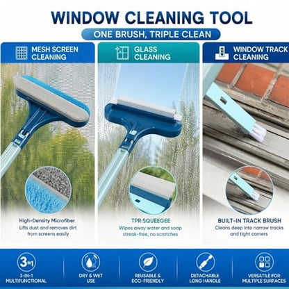 Window Screen Cleaner Brush, 3-in-1 Mesh Screen Cleaning Brush with Squeegee and Detachable Long Handle, Professional Soot and Dust Remover for Window, Patio, Door, Multi-Purpose Home Cleaning Kit
