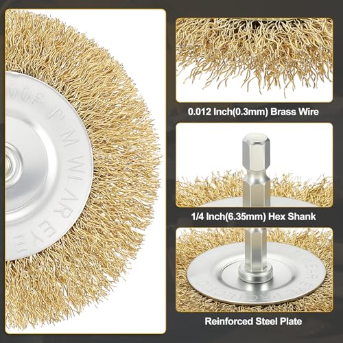 DTGN 3 Inch Wire Wheel Brush for Drill - 4 Pcs - Coarse Brass-Plating Crimping Drill Wires Brush(0.012" Brass-Plating Wires) - 1/4 Inch Hex Shank - Good for Cleaning Rust Paint Abrasive - size: 3 inch
