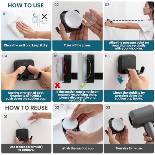 TAILI Patented Strong Suction Cup Hook, 304 Stainless Steel Bathroom Suction Cup Holder for Towel, Loofah, Bathrobe, Damage-Free Hanging Shower Wall Hook, Double-Hook Widening Design, 2 Pack, Black - color: Wide Double-Hook, Black
