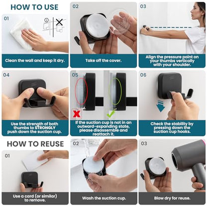 TAILI Patented Strong Suction Cup Hook, 304 Stainless Steel Bathroom Suction Cup Holder for Towel, Loofah, Bathrobe, Damage-Free Hanging Shower Wall Hook, Double-Hook Widening Design, 2 Pack, Black - color: Wide Double-Hook, Black
