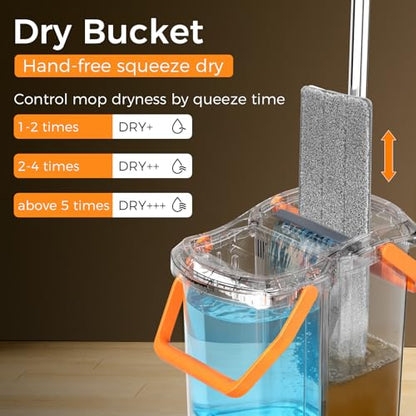 Flat Mop and Bucket Set with Wringer, Hands-Free Floor Mop System | Hands-Free Wringing, Wet & Dry Microfiber Pads, Wall & Floor Cleaning, Detachable Stackable Bucket