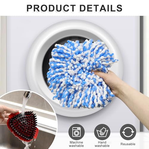 Mop Handle Mop Replace Heads and Mop Base Brush Replacement for O Cedar EasyWring 2-Tank System Include 3 Spin Mop Replacement Head, 4-Section Mop Handles, 1 Base and 1 Scrub Brush Combo - color: 3 Blue Mop Heads + 1 Set Mop Handle ( 2 Tank )