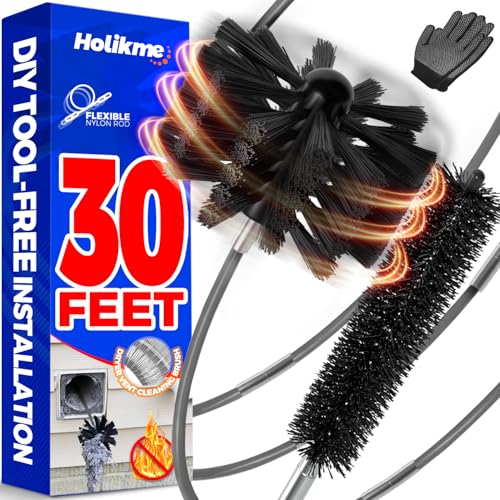 Holikme 30 Feet Dryer Vent Cleaner Kit, Flexible Lint Brush with Drill Attachment, Fireplace Chimney Brushes Extends Up to 30 Feet for Easy Cleaning, Use with or Without a Power Drill, Grey - color: Gray, size: 30feet