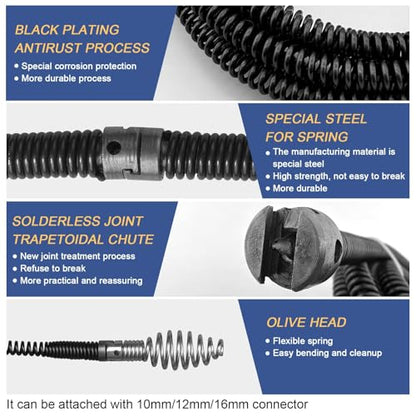 Drain Snake, Drain Auger with Drill Attachment, 16.4 Feet By 12 MM Plumbing Snake Auto Feed Flexible Hair Drain Clog Remover for Kitchen, Bathrom and Shower Sink