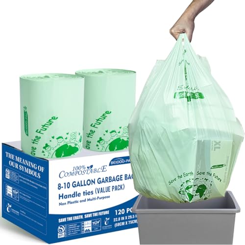 BEIDOU-PAC 8-10 Gallon Compostable Trash Bags, 120 Count, Compost Bags Kitchen Trash Bags with Handle, Sturdy Garbage Bags Food Scrap Waste Bags, ASTM D6400, US BPI Certified - style: Handle | 8-10 Gallon | 120 Count