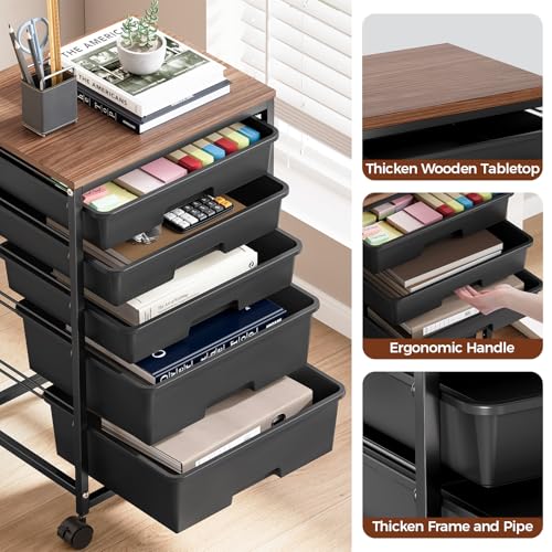 SYKIARIOL 5-Tier Rolling Utility Storage Drawer Craft Cart on Wheels with Wooden Tabletop, Mobile Craft Storage Drawer Cart Trolley for Home Office, Classroom, Craft Room & Kid Room, Black - color: Black