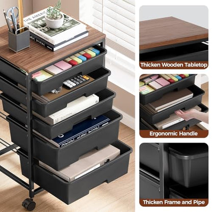SYKIARIOL 5-Tier Rolling Utility Storage Drawer Craft Cart on Wheels with Wooden Tabletop, Mobile Craft Storage Drawer Cart Trolley for Home Office, Classroom, Craft Room & Kid Room, Black - color: Black