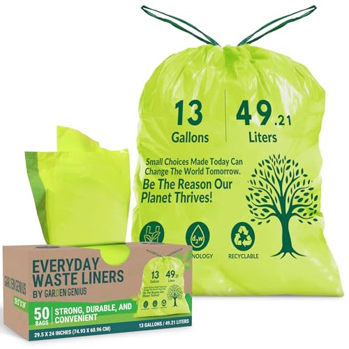 Biodegradable 13-Gallon Kitchen Waste Bags (50-Pack) | Strong, Heavy-Duty Tall Trash Bags w/Drawstring | Fits Most Standard 13-Gallon (49.21 L) Cans | Eco-Friendly D2W, 30 Microns Thick, 29.5" x 24" - style: 13-Gallon Bags (50-Pack)