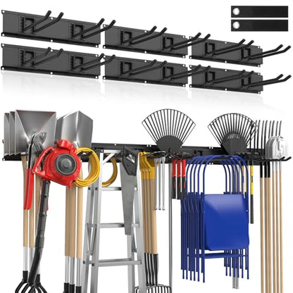 Housolution Heavy Duty Garage Wall Organizer 96 Inch - 20Pack Carries 720 lbs, Garage Tool Storage System, 6 Rails with 12 Adjustable Metal Hooks, Garden Yard Shed Rack for Rake Broom Mop Snowboard
