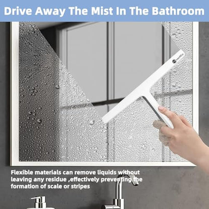 Upgraded 9 Inch Rounded Shower Squeegee with Hook & Suction Cup, Stainless Steel Core Silicone Blade, Streak-Free Wiper for Shower Doors, Windows, Mirrors, Tile & Household Cleaning (White) - size: Square Headed-9 inch（White）