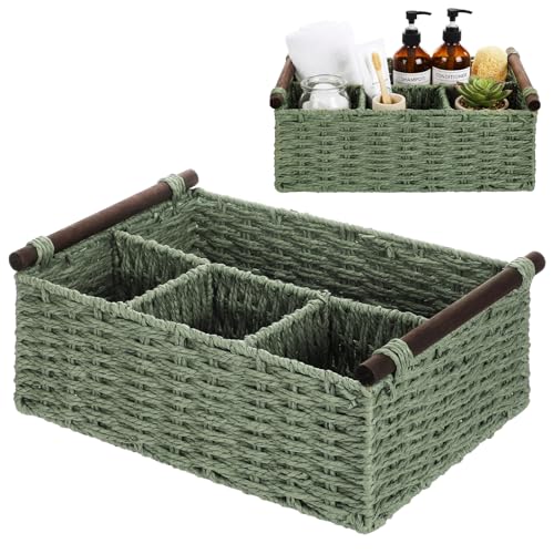 Remerry Sage Green Bathroom Countertop Organizer Caddy, Wicker-Like Divided Basket with Handle and Metal Frame, 4 Compartment, Paper Rope Storage Organizer for Vanity Kitchen (10.24 x 7.87 x 3.94 in) - color: Sage Green, size: 10.2" x 7.9" x 3.9"