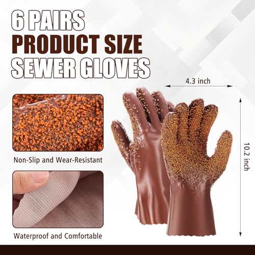Teenyyou 6 Pairs Sewer Snake Gloves Non Slip and Reusable PVC Sewer Abrasion Resistant Drain Cleaning Waterproof Safety Plumbing Snake Gloves for Men Women Plumber Tools (Brown,Regular) - color: Brown, size: Standard