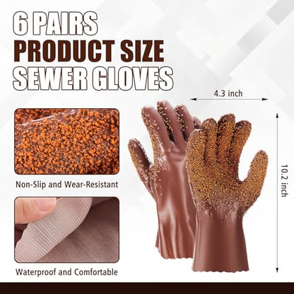 Teenyyou 6 Pairs Sewer Snake Gloves Non Slip and Reusable PVC Sewer Abrasion Resistant Drain Cleaning Waterproof Safety Plumbing Snake Gloves for Men Women Plumber Tools (Brown,Regular) - color: Brown, size: Standard