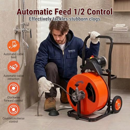 100FT x 1/2 Inch Drain Cleaner Machine, Auto Feed Electric Drain Auger for 2"-4" Pipes, Enclosed Metal Drum with 4 Cutters & Pneumatic Foot Switch, Sewer Snake Auger - style: 100FT x 1/2inch