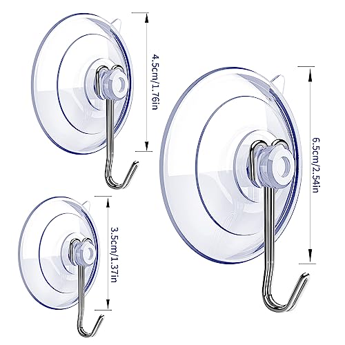 Suction Cup Hooks,6 PCS Clear Suction Cup for Glass Window Decor Shower Bathroom Glass Window Shower Kitchen, Reusable PVC Cups with Removable Stainless Hooks, Assorted (6)