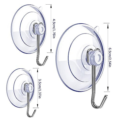Suction Cup Hooks,6 PCS Clear Suction Cup for Glass Window Decor Shower Bathroom Glass Window Shower Kitchen, Reusable PVC Cups with Removable Stainless Hooks, Assorted (6)