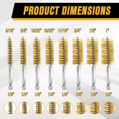 16 Pcs Wire Brush Set for Drills, Stainless Steel and Brass Bore Cleaning Brushes with 1/4" Hex Shank, Compatible with Power Drills, Grinders, and Impact Drivers (8-25mm)