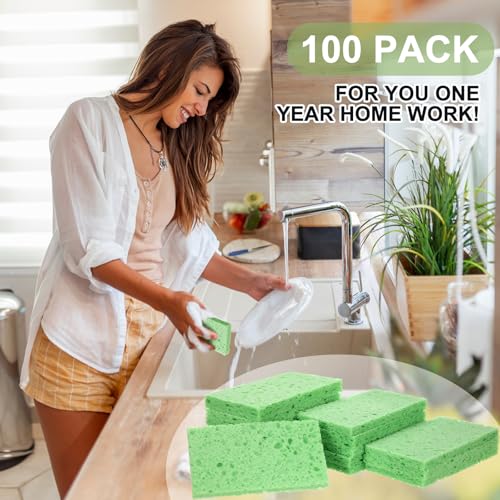 Zhengmy 100 Pieces Sponges Bulk Sponges Kitchen Compressed Sponge Natural Dish Sponge Compressed Wood Pulp Cleaning Without Scratching for Kitchen Bathroom, 3.9 x 2.4 x 0.12 Inch (Green) - color: Green