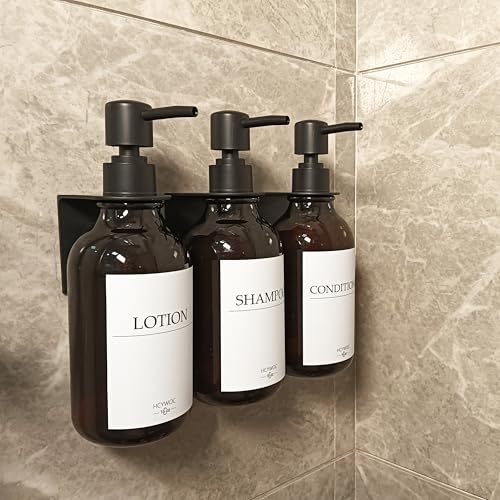 Shampoo Dispenser for Shower Wall, Shampoo and Conditioner Dispenser with 16 Waterproof Labels, No Drill Shower Soap Dispenser Bathroom, Shower Soap Dispenser Wall Mounted,17oz, 3 Pack, Amber - color: 1-amber Bottle + Black Pump