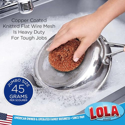 LOLA Copper Mesh Scouring Pad, 2 Pack, 45 Grams, 4" Heavy Duty Cleaning Pads, Copper Coated Knitted Wire Mesh, Recyclable, Cleans Baked On Messes - size: 2 Pack, style: Jumbo
