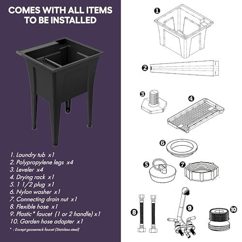 Freestanding Utility Sink with Stainless Steel Gooseneck Faucet - 24" Plastic Utility Sink for Garage, Laundry, Indoor and Oudoor Use - Laundry Tub Kit by Noah William Home - Black (19.5 gal) - color: Black - Gooseneck faucet