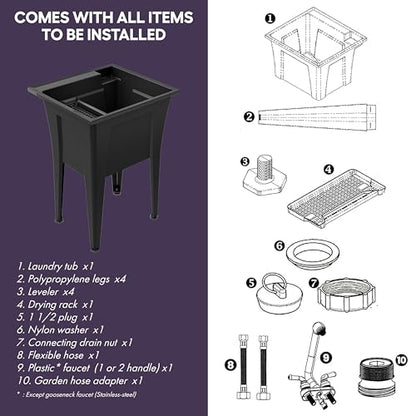 Freestanding Utility Sink with Stainless Steel Gooseneck Faucet - 24" Plastic Utility Sink for Garage, Laundry, Indoor and Oudoor Use - Laundry Tub Kit by Noah William Home - Black (19.5 gal) - color: Black - Gooseneck faucet