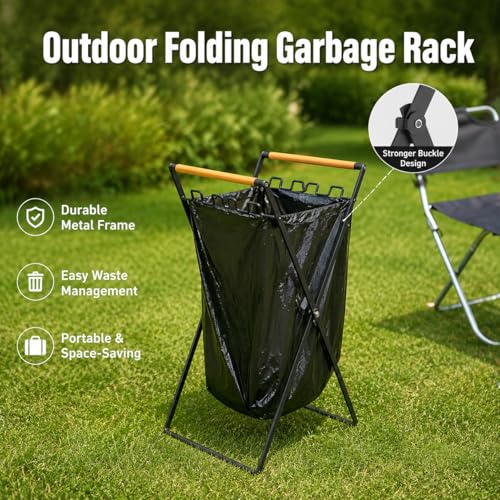 Metal Folding Trash Bag Holder with Wooden Handles, Portable Rubbish Stand for 30-45 Gallon Bags, Heavy Duty Refuse Sack Frame Garbage Holder for Garden Waste, Camping and RV