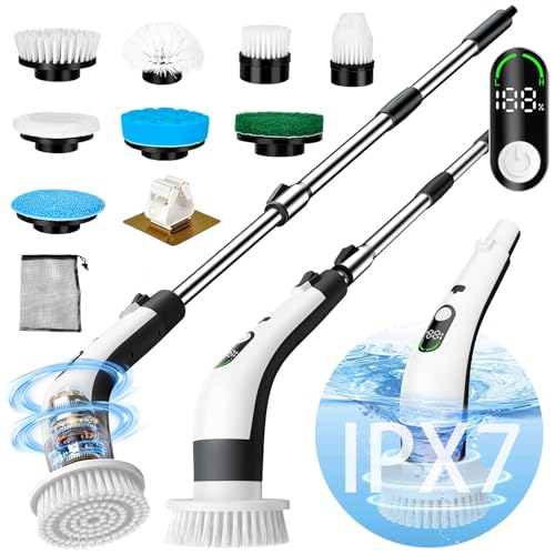 PUNOMO Electric Spin Scrubber, Cordless Bathroom Cleaning Brush with 8 Replaceable Heads & Adjustable Handle, IPX7 Waterproof Shower Scrubber with LCD Display, 2 Speeds for Bathtub, Floor, Tile