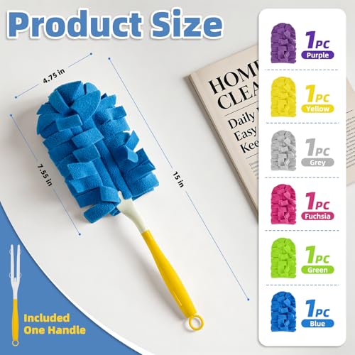 6 PCS Fleece Reusable Duster Refills for Swiffer, Washable 360 Dusters for Cleaning, Fans, Floors, Blinds, Windows (Include 1 Handle & Laundry Bag) - color: Purple,fuchsia,yellow,blue,green,gray