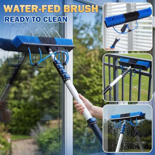 BreezeHug Solar Panel Cleaning Kit Water Fed Pole 24 FT, Extendable Telescopic Pole with 20" Brush, Soap Dispenser, Squeegee, Universal Adapter 40 FT Hose, Solar Panels, Window Siding