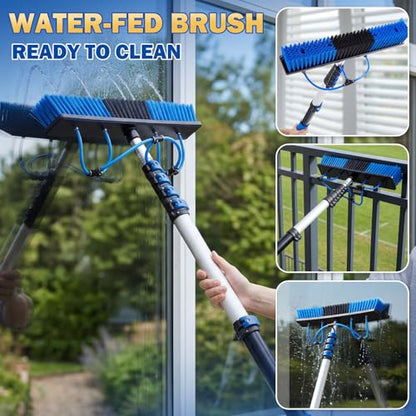 BreezeHug Solar Panel Cleaning Kit Water Fed Pole 24 FT, Extendable Telescopic Pole with 20" Brush, Soap Dispenser, Squeegee, Universal Adapter 40 FT Hose, Solar Panels, Window Siding