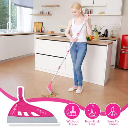 Magic Broom Household Silicone Broom, Multifunction Floor Squeegee with 2 Heads - Brush and Scrape, Magic Broom Sweeper with Extra-Long Adjustable Aluminum Handle for Floor, Glass, Tile (Bright Pink)