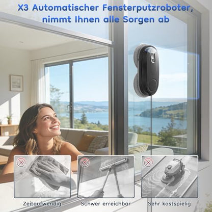 Obito X3 Window Cleaning Robot, Dual Nozzles with Ultrasonic Spray, 5.0 AI Path Planning, Max 3200Pa & Steady-Climbing System, Automatic Edge Detection, Robot Window Cleaner Inside/Outside, Black - color: Black
