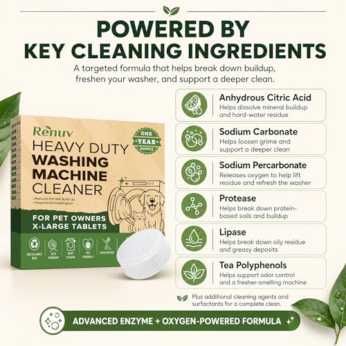 Renuv® Heavy Duty Washing Machine Cleaner For Pet Owners, 12 XL Tablets | For Dog & Cat Hair, Removes Stink, Odor, Residue, Grime, Front Load or Top Load Washer, HE and Septic Safe, 1 Year Supply - style: 12 Tablets