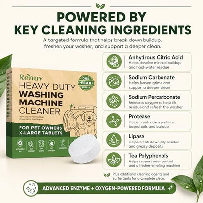 Renuv® Heavy Duty Washing Machine Cleaner For Pet Owners, 12 XL Tablets | For Dog & Cat Hair, Removes Stink, Odor, Residue, Grime, Front Load or Top Load Washer, HE and Septic Safe, 1 Year Supply - style: 12 Tablets