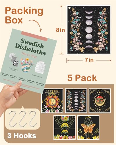 Miss Adola Swedish Dishcloths for Kitchen with Hooks - Reusable Dish Cloths for Washing Dishes Fast Drying Cute Fun 5 Pack Swedish Dish Towels Washable Cleaning Sponge, Sun Moon - color: Sun Moon