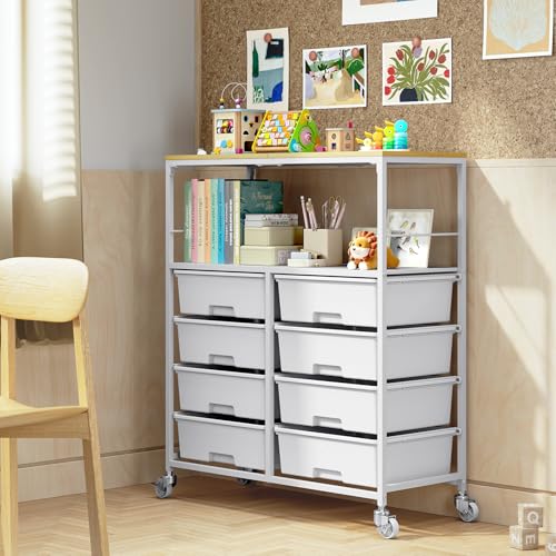 Rolling cart with 8 drawers,Storage drawer cart with wooden tabletop,Lockable wheels organizer for homeschool, arts & crafts, classroom, office & creative spaces (White) - color: White