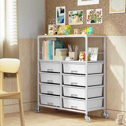 Rolling cart with 8 drawers,Storage drawer cart with wooden tabletop,Lockable wheels organizer for homeschool, arts & crafts, classroom, office & creative spaces (White) - color: White